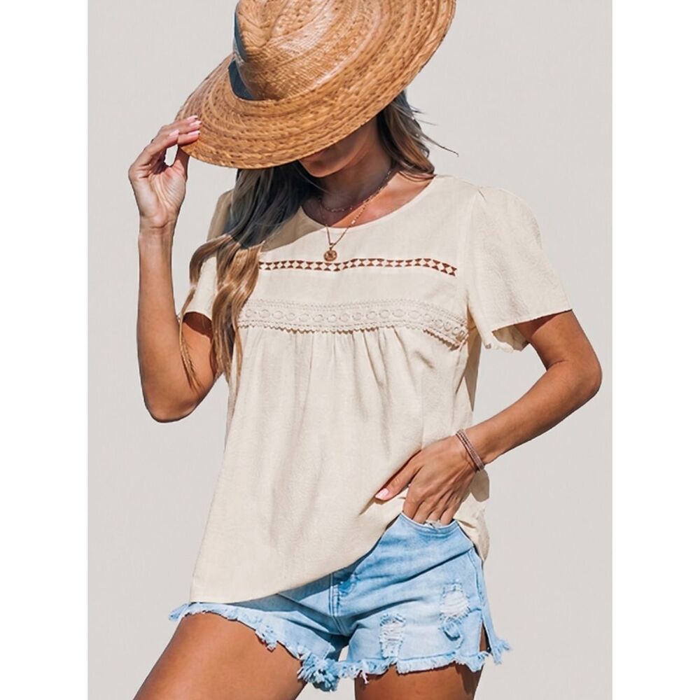 New Boho Babydoll Beige Peasant Top Festival 100% Cotton Size Medium